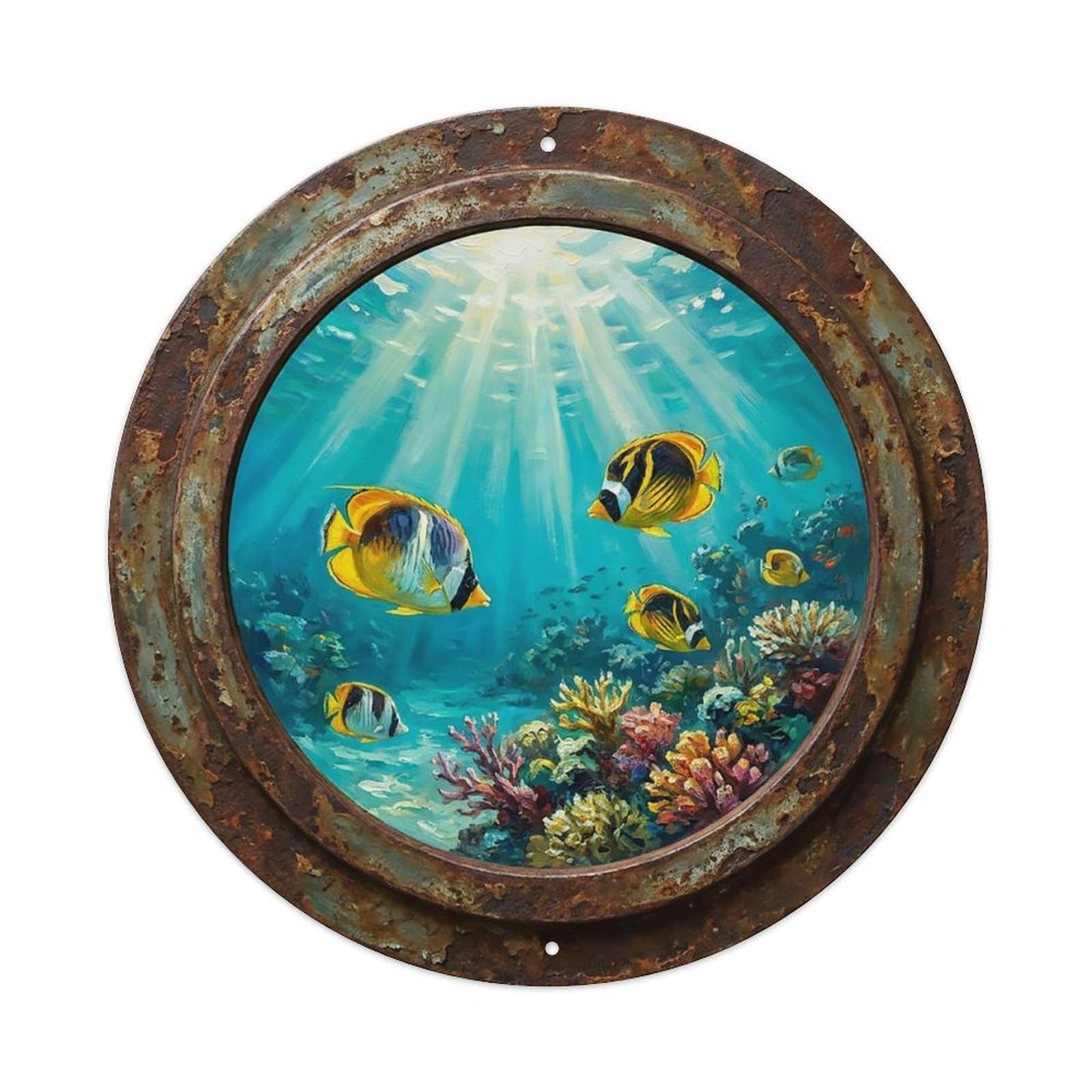 Vintage Porthole Butterflyfish Coral Ship Window Undersea Deep Sea Metal Tin Sign
