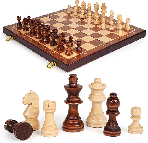 Juego de ajedrez magnético de madera, tablero de ajedrez de madera plegable de 15 pulgadas con piezas magnéticas, juego de ajedrez de viaje portátil