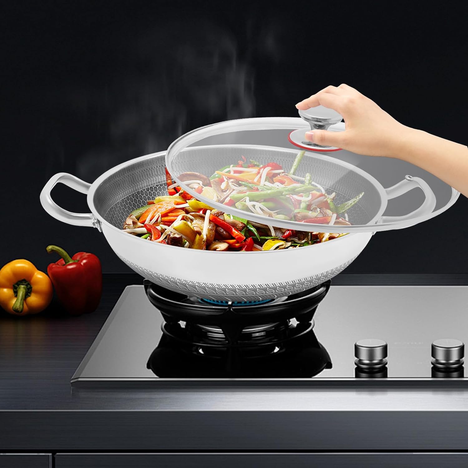 Paella Pan, 13-Inch Non Stick Frying Pans with Lid, Stainless Steel Large Skillets, Hybird Induction Cooking Pan for Frying, Sauteing, Deep-Frying, And Other Kinds of Cooking(13 Inch)