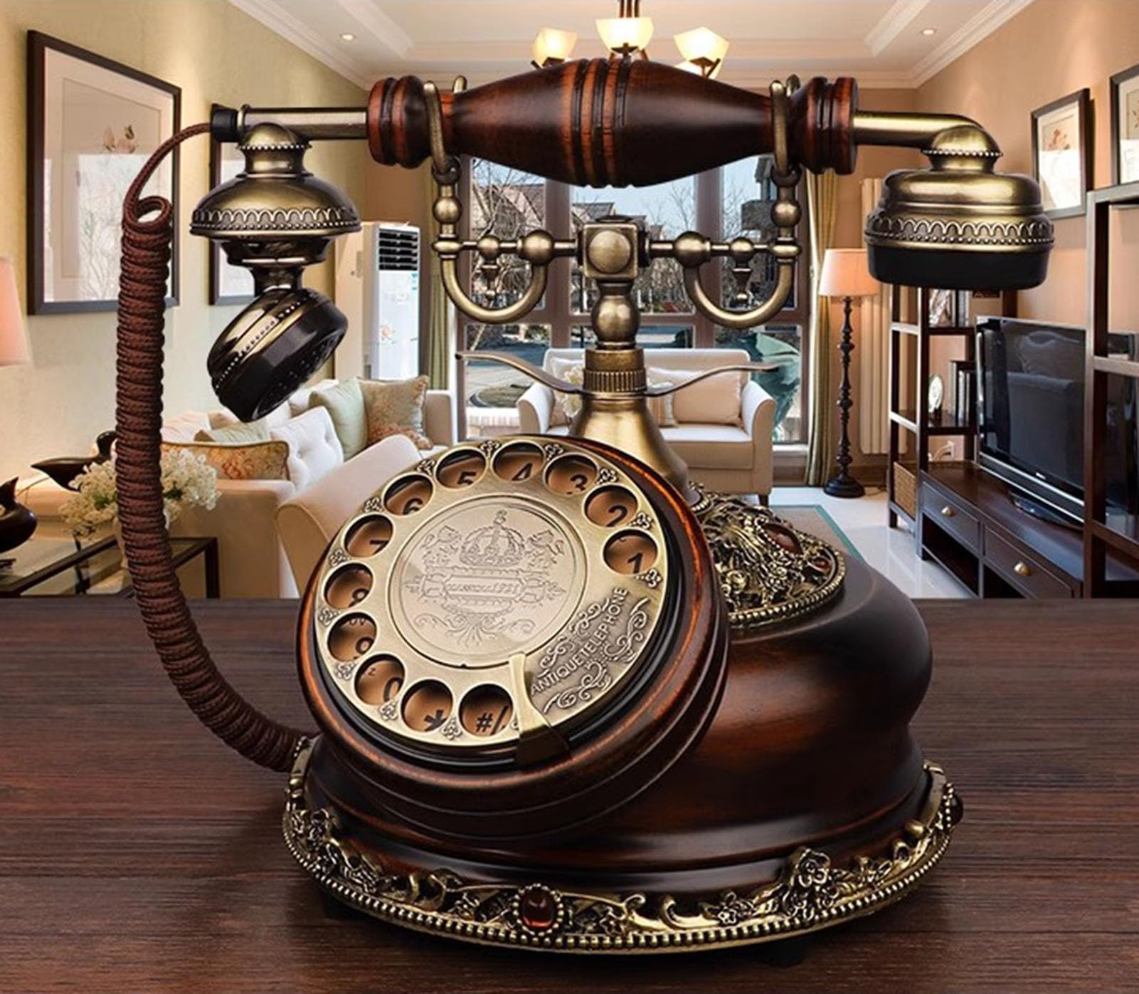 Klasyczny, europejski, antyczny telefon stacjonarny, retro, z tarczą obrotową, telefon stacjonarny z lat 20. XX wieku, z funkcją ponownego wybierania numeru, do biura i wystroju domu