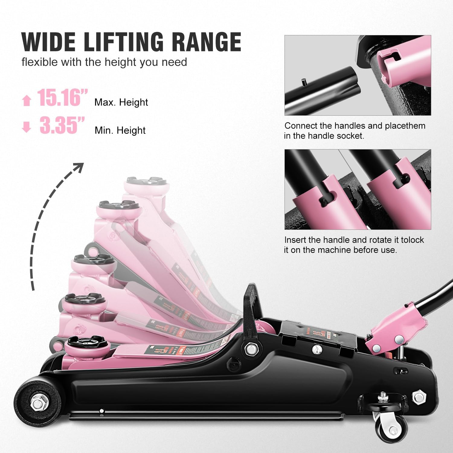 DNA Motoring Low Profile Hydraulic Trolley Service/Floor Jack, 2.5 Ton (5500 lbs) Capacity, Lifting Range 3.35"-15.16",Pink, TOOLS-00676-PK
