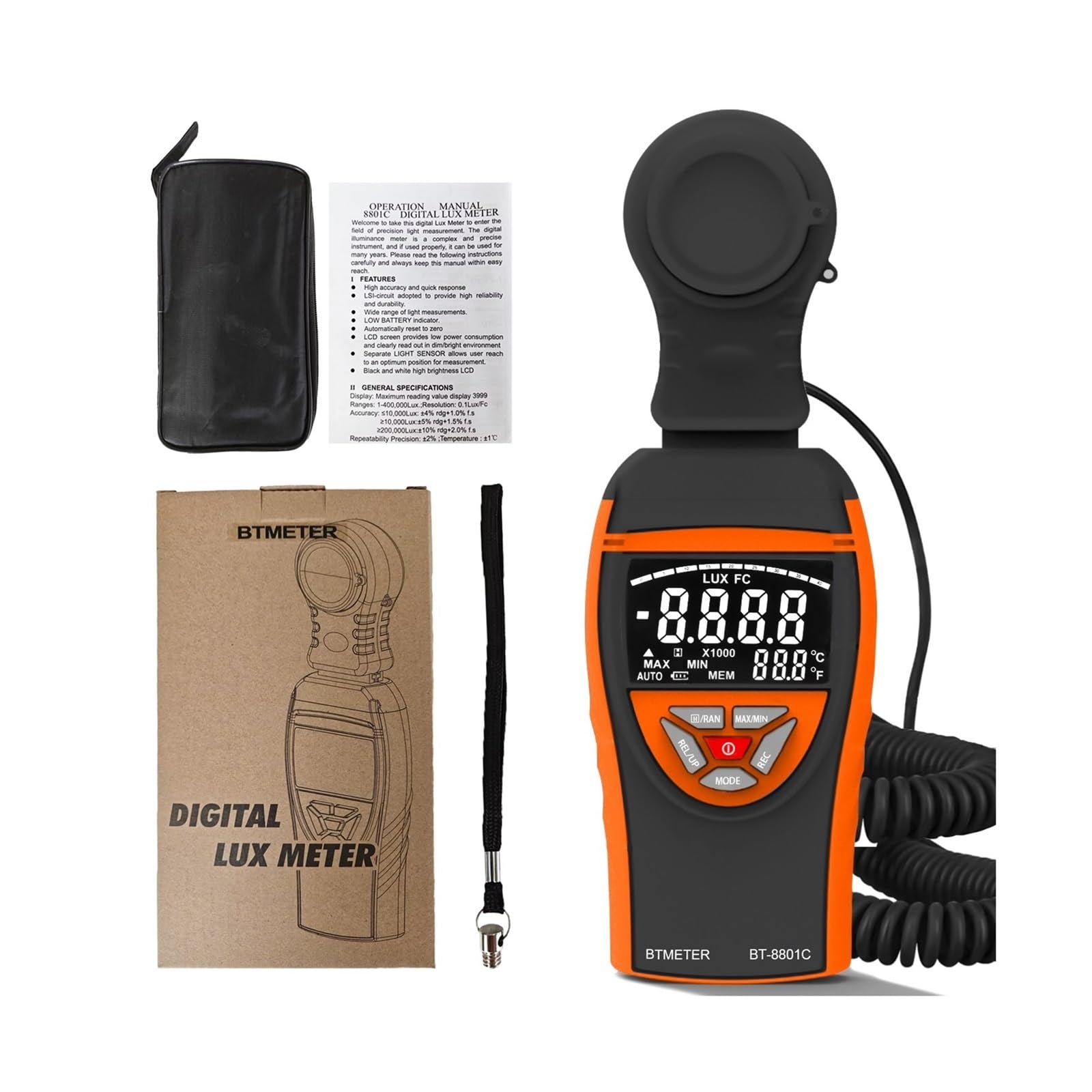 Medidor de iluminancia digital portatil de 1 a 400000 Lux color negro