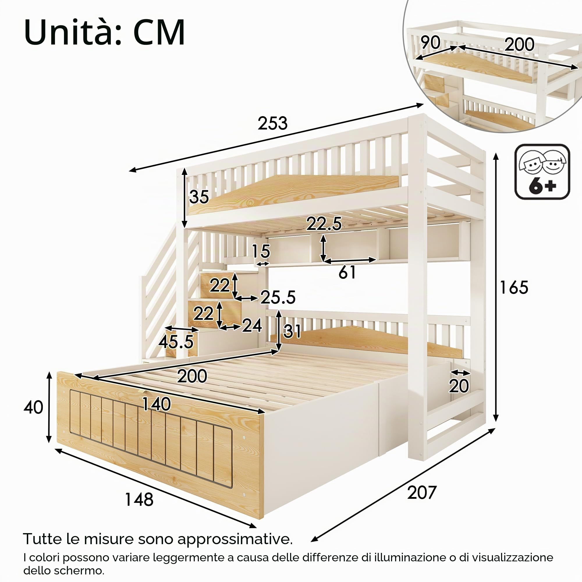 Letto a Castello per Bambini 90x200 e 140x200cm con Contenitore Idraulico, Porta USB-C, Scala di Stoccaggio e Mensole Sospese, Struttura del letto in Legno(Senza materasso)
