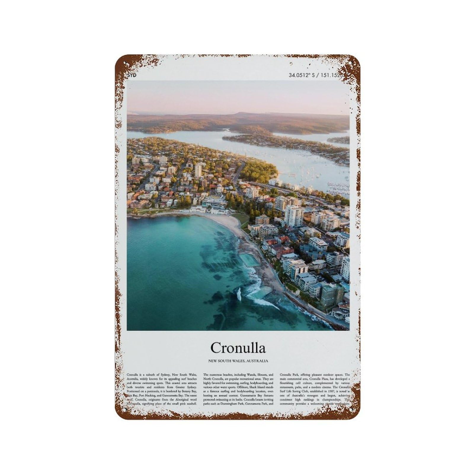 xiaoxiaoshen Cronulla New South Wales, Australia City Scenery Wall Decor Art Metal Tin Poster Modern Home Decor Art Home Bar Shop Decorations Vintage Sign 30x20cm