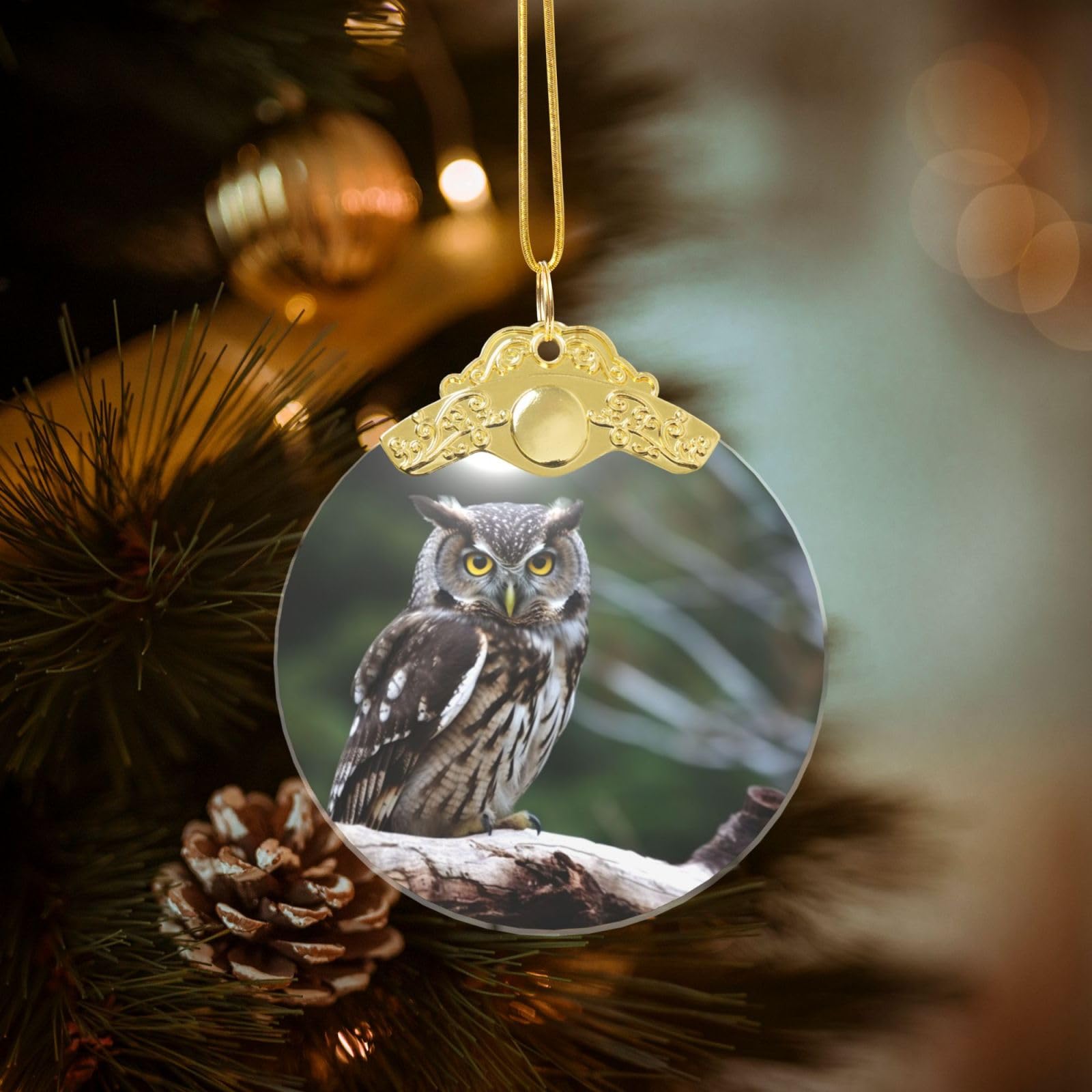 Crystal Christmas Ornaments for Christmas Tree Decoration Hanging Wild Owl Birds Ornament with Gold Ribbon Crafts Round Pendant for Keepsake Gifts Glass Xmas Decor Party Supplies