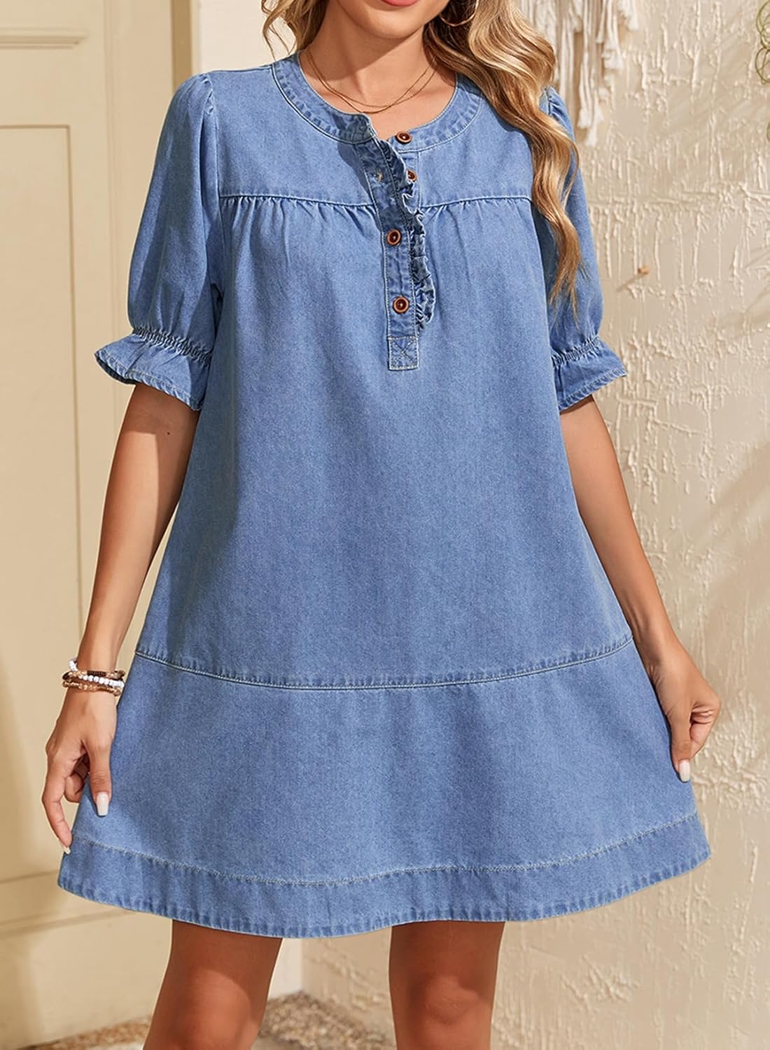 Dokotoo Women's Denim Dress 2026 Babydoll Dress Casual Ruffle Short Sleeve Button Jean Dresses - Image 4