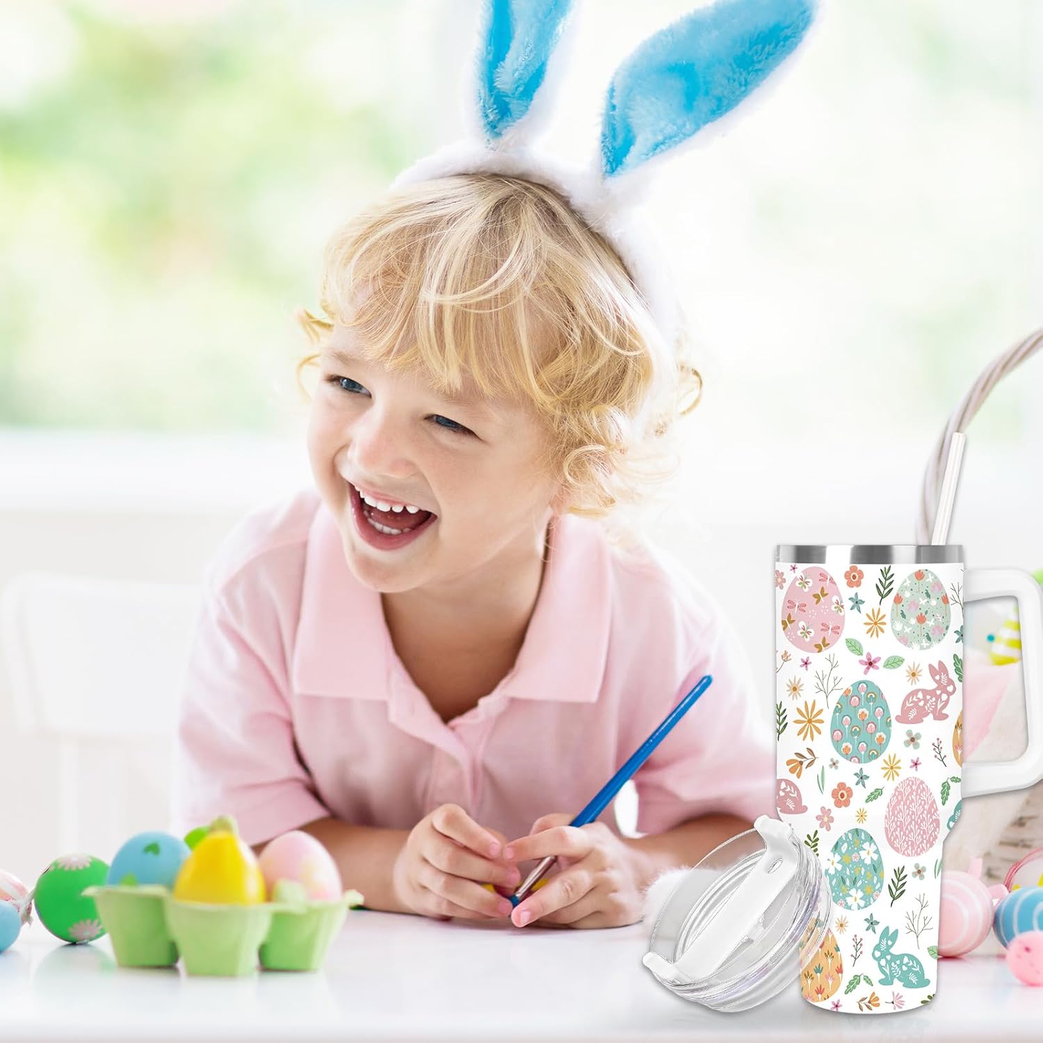 Easter Tumbler with Handle 40oz Easter Egg Bunny Flowers Tumbler with Lid and Straw Colorful Holiday Stainless Steel Cup for Easter Spring Home Office Travel - Image 7
