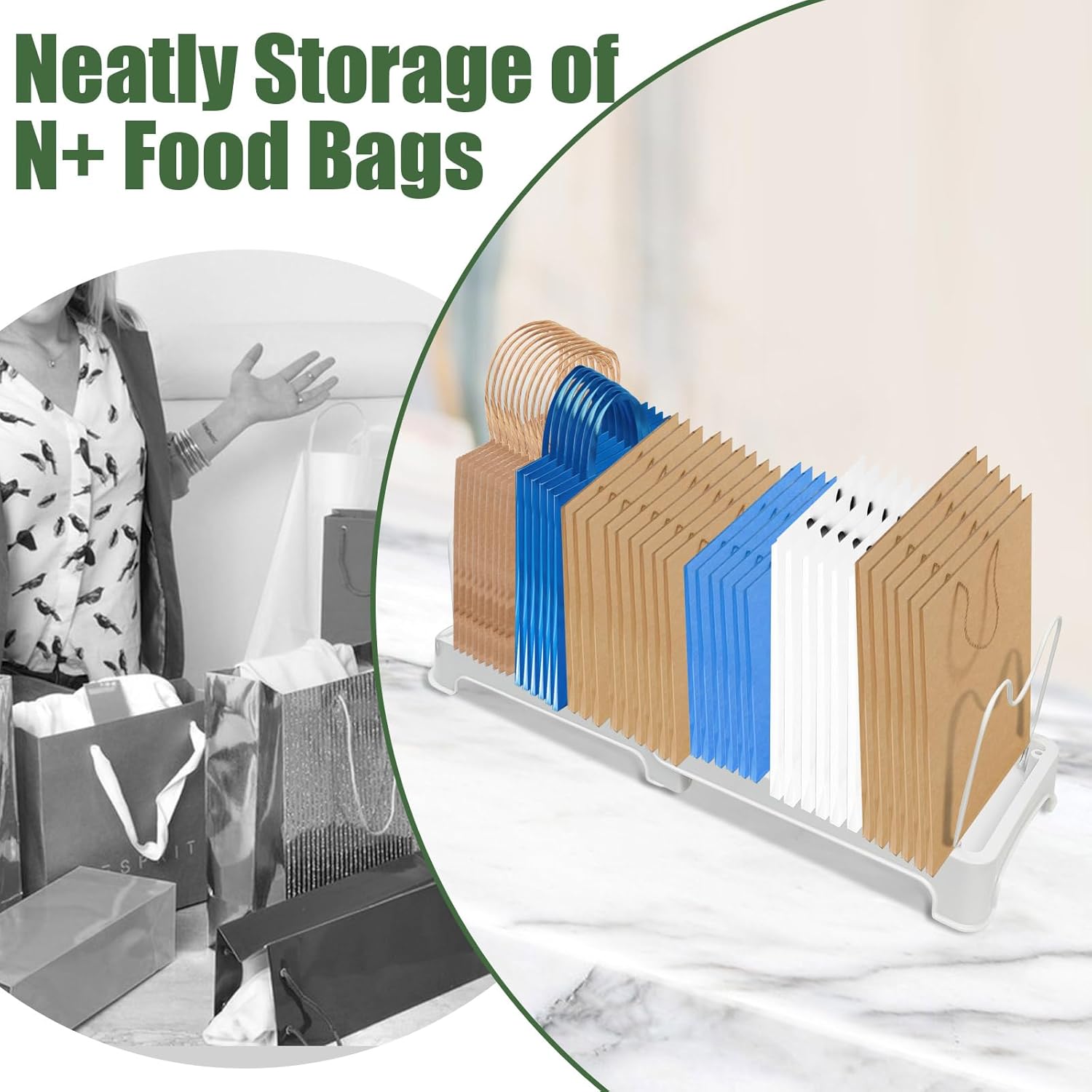 Reusable Shopping Bag Organizer, Adjustable Shelf Dividers, Great for Storing Folded Cloth and Paper Grocery, Food Storage, Lunch, Shopping and Gift Bags