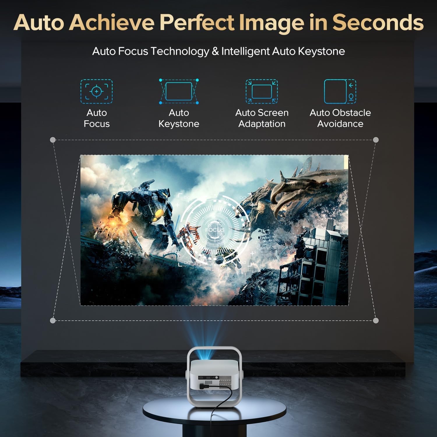 [Google TV Licensed&Voice Control] Projector, Smart 1080P Projector with WiFi and Bluetooth, Auto Focus & Keystone, Movie Video Projector, Home Cinema Mini Portable Proyector with 360° Rotating Stand