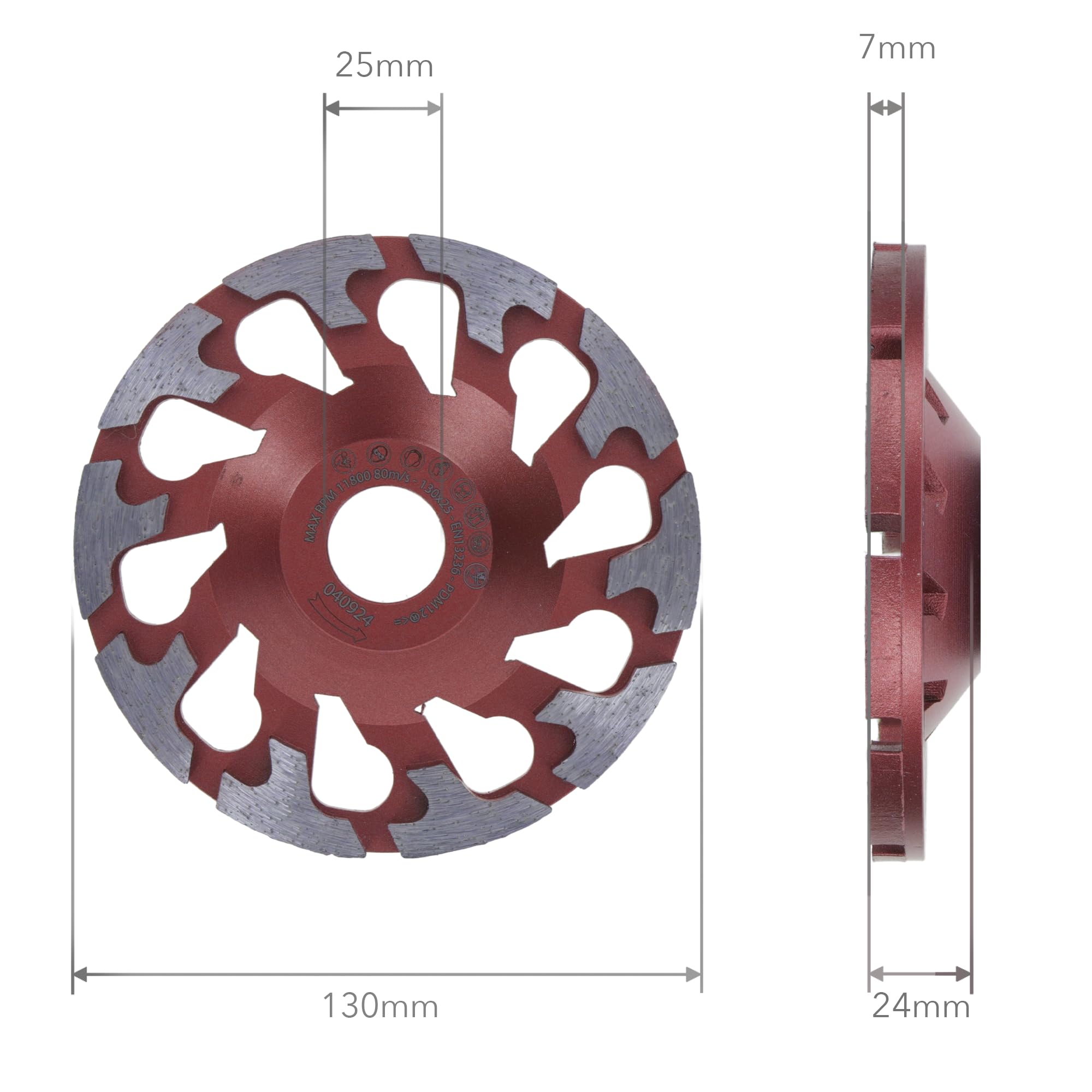 PRODIAMANT Diamentowa tarcza szlifierska 130 mm x 25 mm, czerwona – do twardego betonu i zastosowań przemysłowych – do szlifierek betonowych – otwór 25 mm – talerz szlifierski