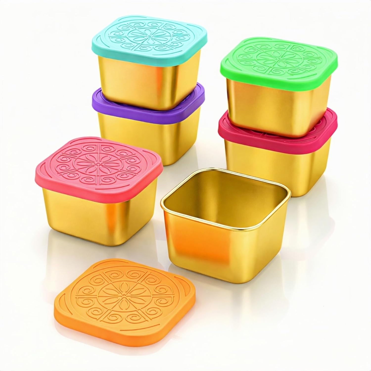 Gold Stainless Steel Condiment Containers with Silicone Lids – 2 Sizes (2oz & 6oz) – Reusable Square Sauce Containers for Lunch Box, Snacks, Salad Dressing – 6 Pack Set (Large)