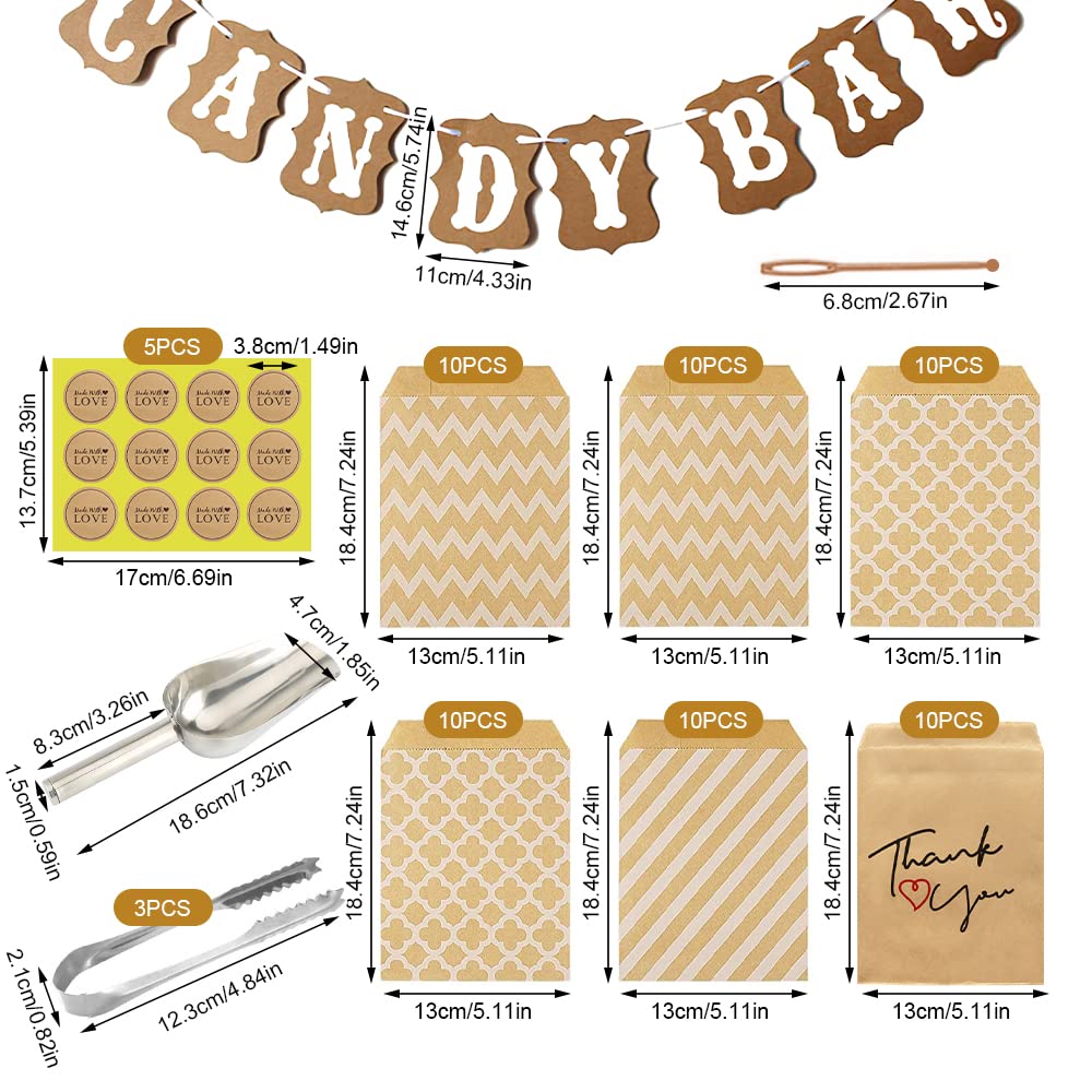 CHEVVY Candy Bar Accesorios 60 Bolsas de Caramelo Accesorios para Decoración de Candy Bar Candy Bar Set para Bodas Cumpleaños Fiestas Incluye 2 Pinzas de Azúcar, 1 Palas y Guirnaldas