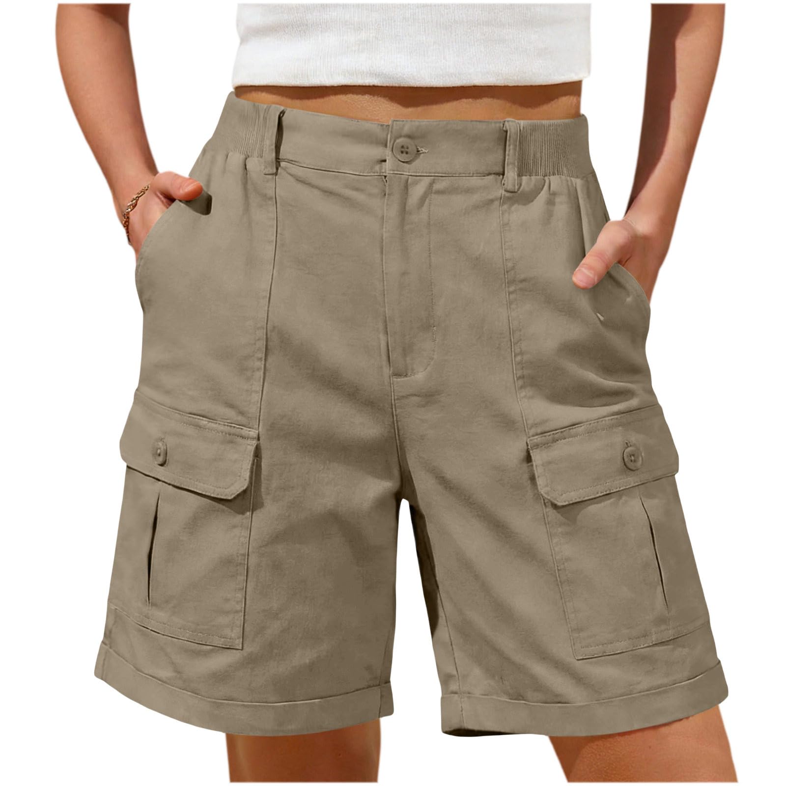 Pantalones Cortos Cargo para Mujer Bermuda Casual Verano Bolsillos Botones Pierna Ancha Cintura Alta Secado Rápido