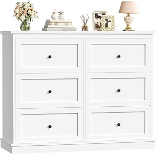 FOREHILL Bedroom Dresser White Storage Cabinet with 6 Drawers White Side | Chest Of Drawers Bedroom Furniture Large Side Table for Living Room Hallway Painted Surface Raised Base 108 x 40 x 87 cm