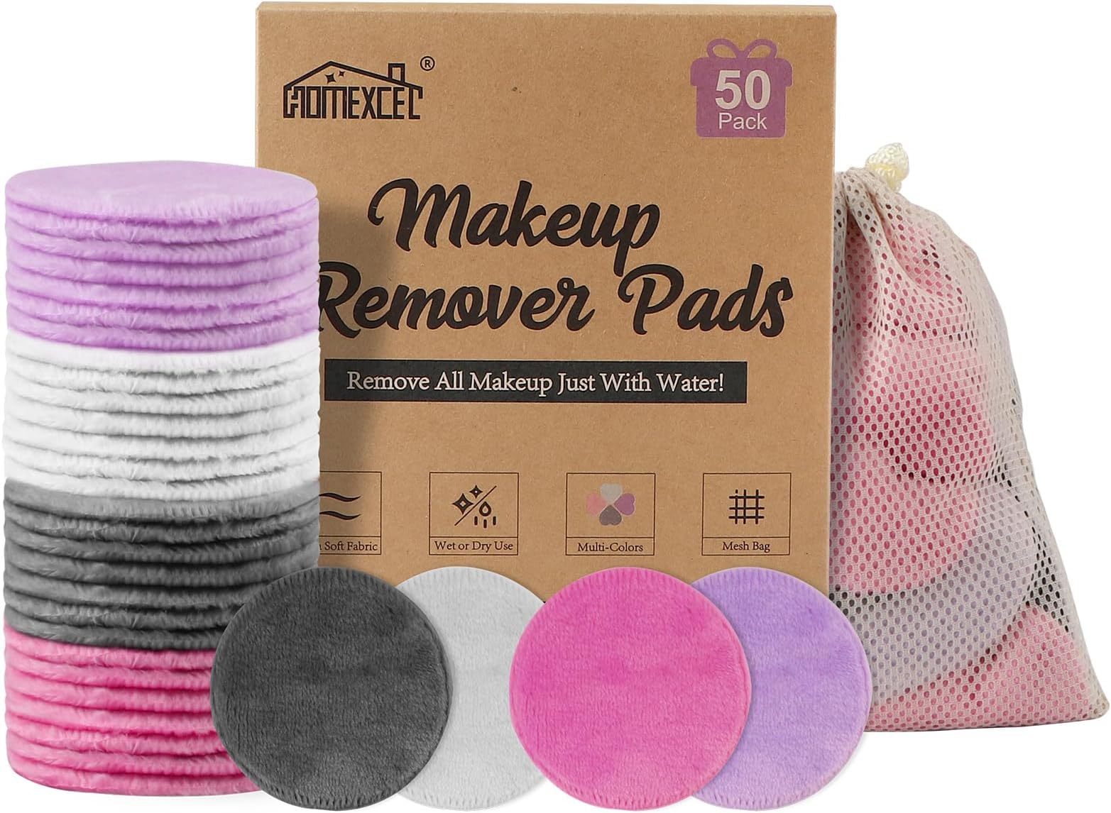 HOMEXCEL Reusable Makeup Remover Pads 50 Pack-Makeup Remover Cloth Face Pads for Facial Cleansing-Soft Cotton Rounds for All Skin Types with Laundry Bag (Grey-White-Purple-Pink)