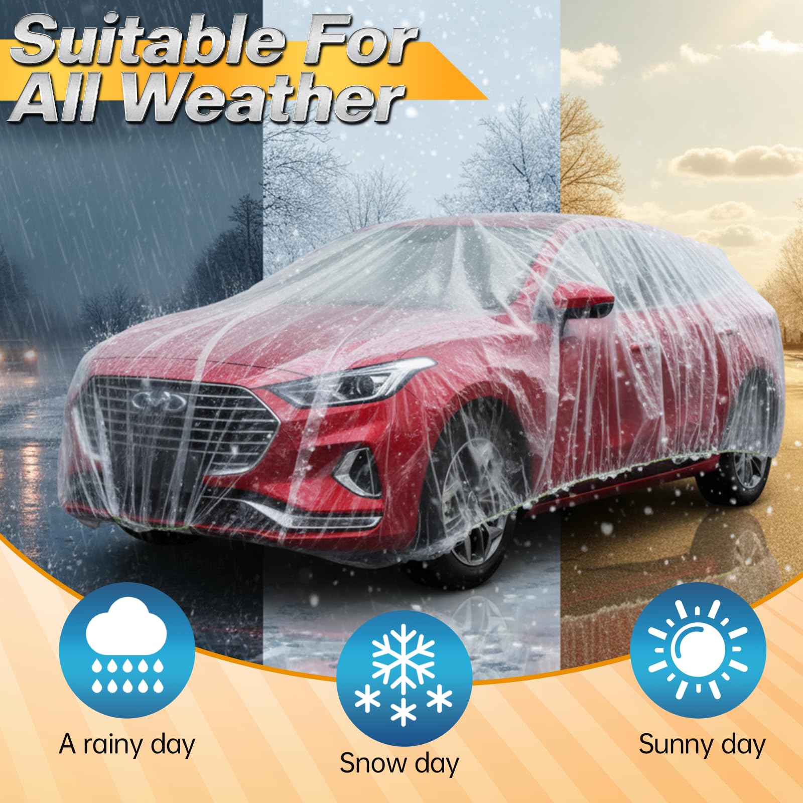 SHENLIU 4 Pack Disposable Car Covers Clear Plastic Car Cover Universal Rain Dust Garage Cover with Elastic Band — view 7