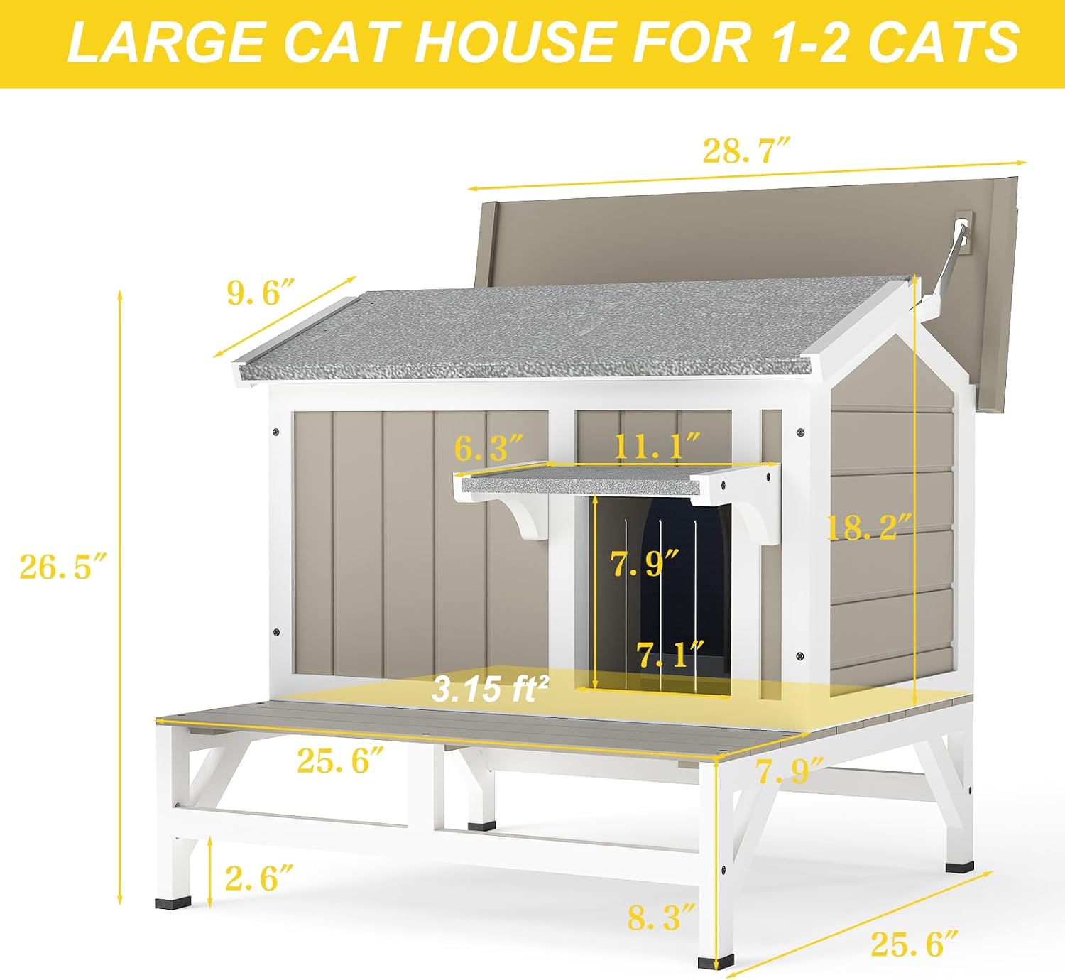 28.7" L Insulated Outdoor Cat House,All-Round Insulated Design Feral Cat Shelter with Elevated Bottom for Winter Cats,Weatherproof Cat Houses with Openable Asphalt Roof & Balcony,Grey