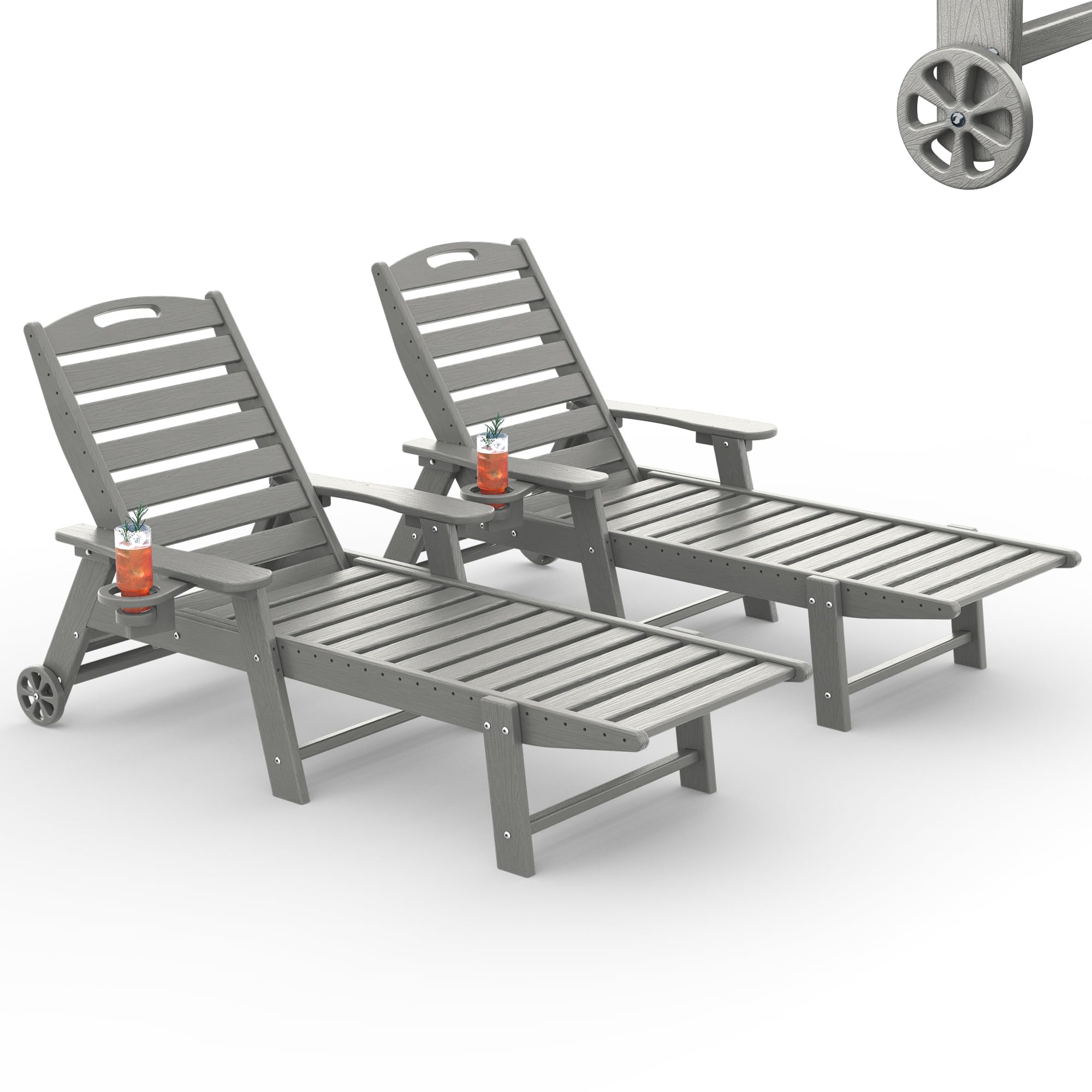 Chaise Lounge Outdoor Set of 2, Lounge Chair Outdoor with Wood Texture, Adjustable 5-Position Backrest, HDPE Lounge Chair with Wheels &amp; Cup Holder for Pool Deck Backyard, Light Grey