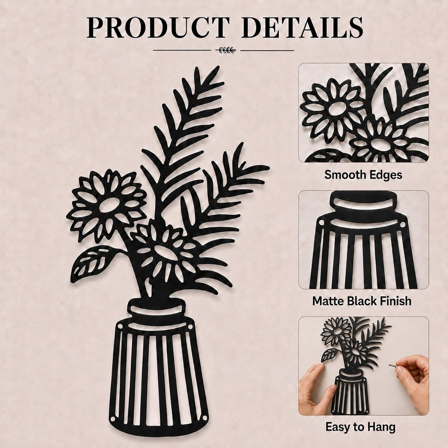 Qzmaikoo 3 Pieces Black Metal Flowers Wall Decor Vase Art Sculptures Hanging for Indoor Kitchen Bathroom Dining Room Patio, 14.56x7.48 Inches image 3