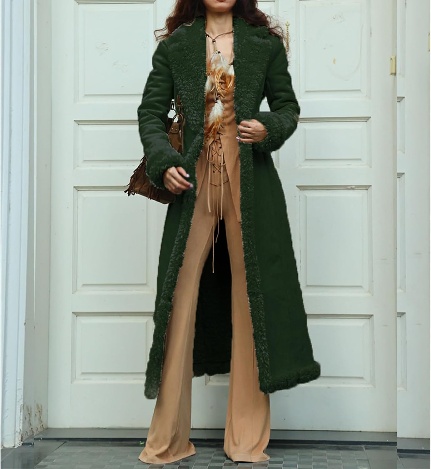 Kubbon Womens Long Trench Coat Suede Leather Shearing Jacket Open Front Sherpa Lined Cardigan Coat Faux Fur Warm Outwear - Image 3