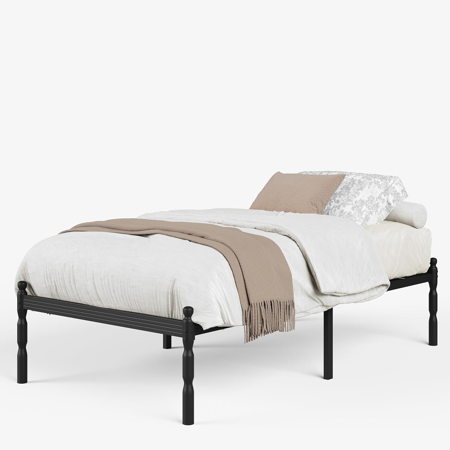 Twin Platform Bed Frame with 4 Decorative Roman Columns & All-Around Non-Slip Mattress Retainer Bars, Heavy Duty Noiseless, No Box Spring Needed, Sturdy Metal Slat Support, Easy Assembly