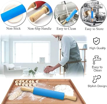 Rolling Pin with Baking Mat - 43.2 cm Large Stainless Steel Rolling Pin with Silicone Coated - Non-Stick Rolling Pin Baking Accessories with Wooden Handle for Pizza Pasta Dough Cookie Cake Fondant Pastry Dough - Blue