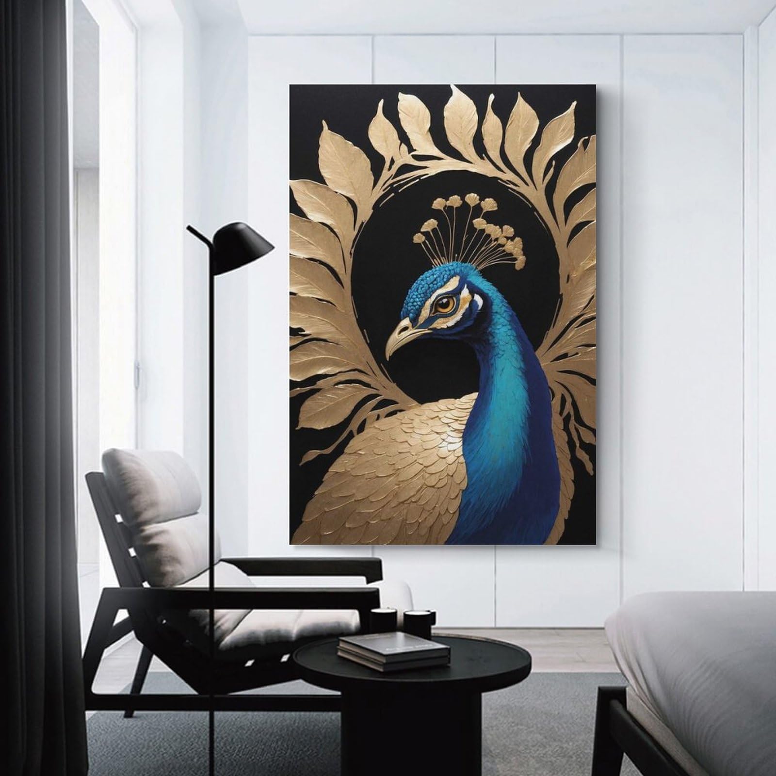 Junmoney Peacock with Golden Laurel Wreath Hanging Wall Art, 20x30inch(50x75cm), for Gallery Wall Decor And Room Displays, Home Wall Art for Statement Displays