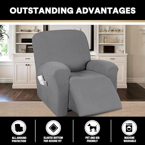 Miniatura 2 de PrinceDeco Funda para silla reclinable, elástica, 1 pieza, protector de muebles con parte inferior elástica para silla con bolsillo lateral, funda