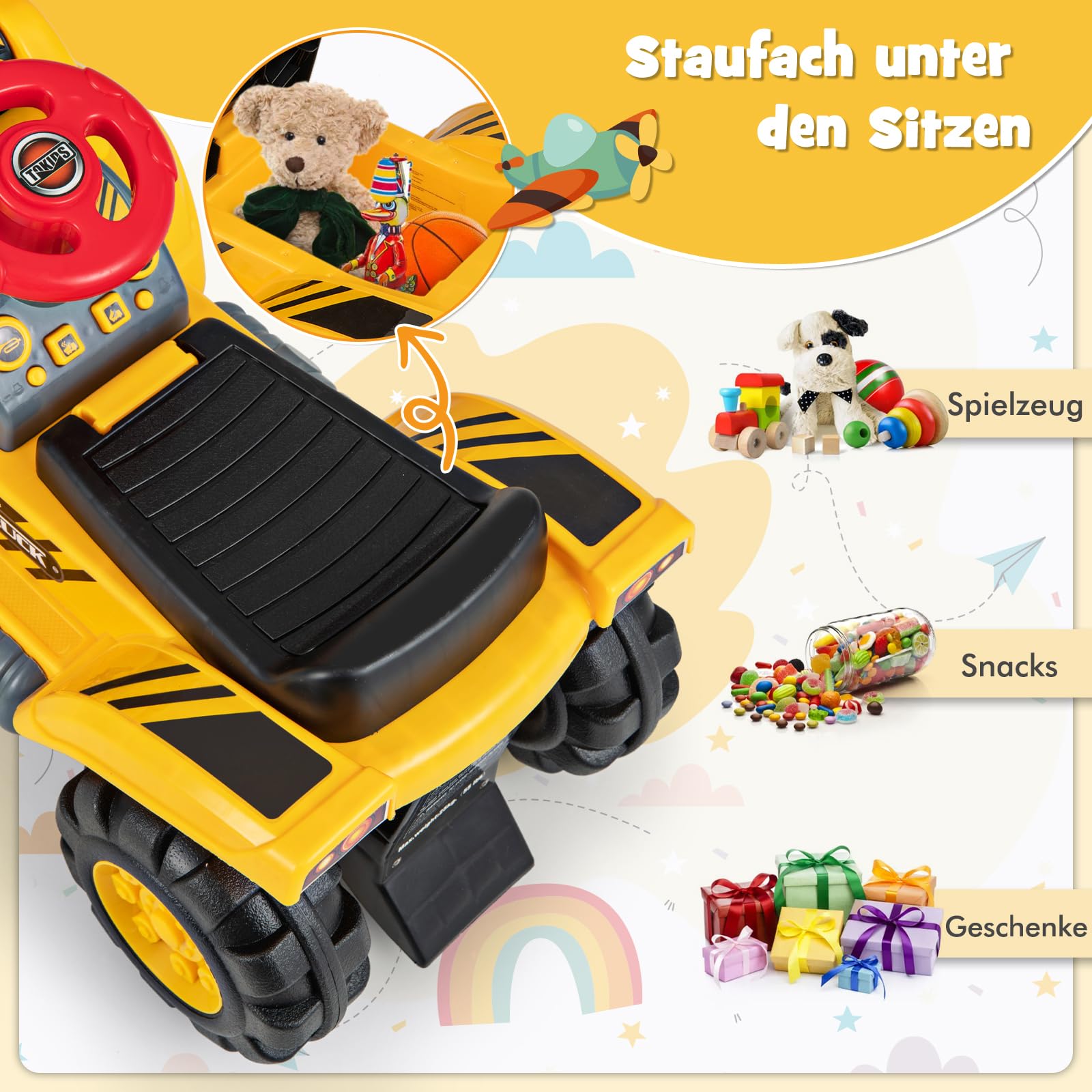 DREAMADE Kinder Sitzbagger, Aufsitzbagger mit Schutzhelm & 3 Spielsteine, Schaufel & Stauraum, Sandbagger mit Sound-Tasten, Bagger zum draufsitzen für Kinder ab 3 Jahren