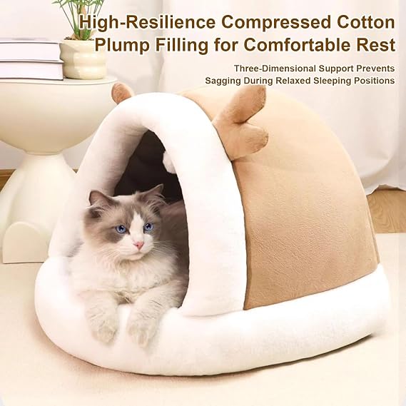 Covered Cat Bed Snug Calming Sleeping Nest Home Decor Kitten Puppy Small | Warm Cat Bed Covered Pet Nest for Indoor Outdoor Winter Fall Bedroom Living Room Balcony Apartment