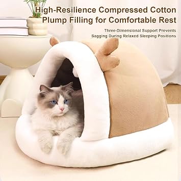 Covered Cat Bed Snug Calming Sleeping Nest Home Decor Kitten Puppy Small | Warm Cat Bed Covered Pet Nest for Indoor Outdoor Winter Fall Bedroom Living Room Balcony Apartment