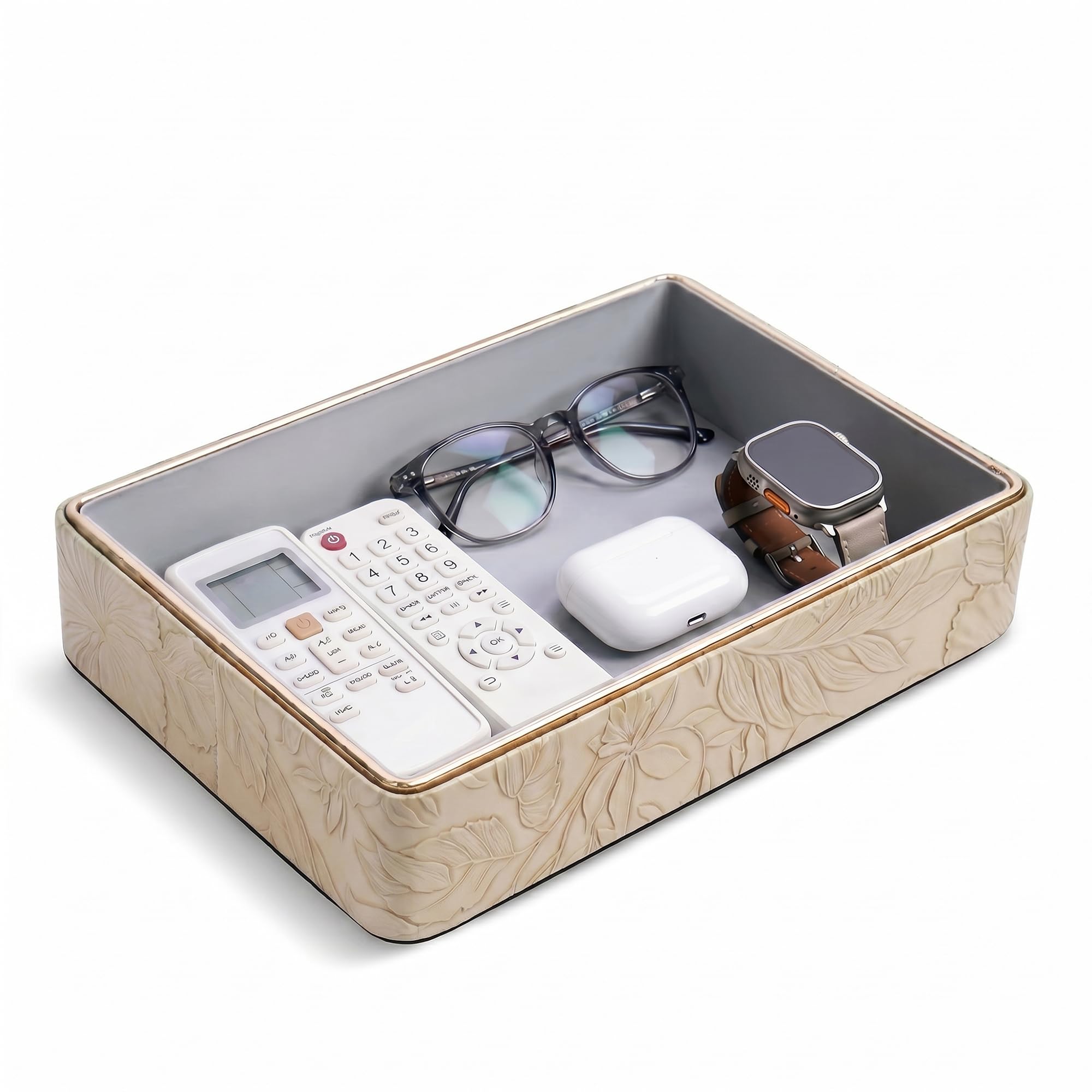 Czzmy PU Leather Valet Tray,Desk Organizer Tray Nightstand Organizer Trinket Dish Storage Key Bowl Decorative Trays for Phone Wallet Jewelry Watch(1-Golden Apricot)