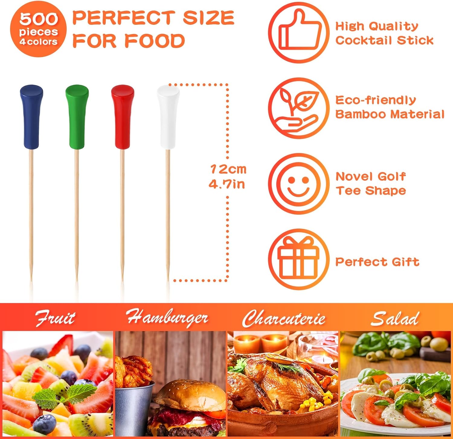 500 Pcs 4.7 Inch Golf Tee Picks for Appetizers Golf Toothpicks Decorative Golf End Sports Bamboo Fruit Sandwich Cocktail Picks for Golf Party Decoration Supplies Catered Events (Multicolor)