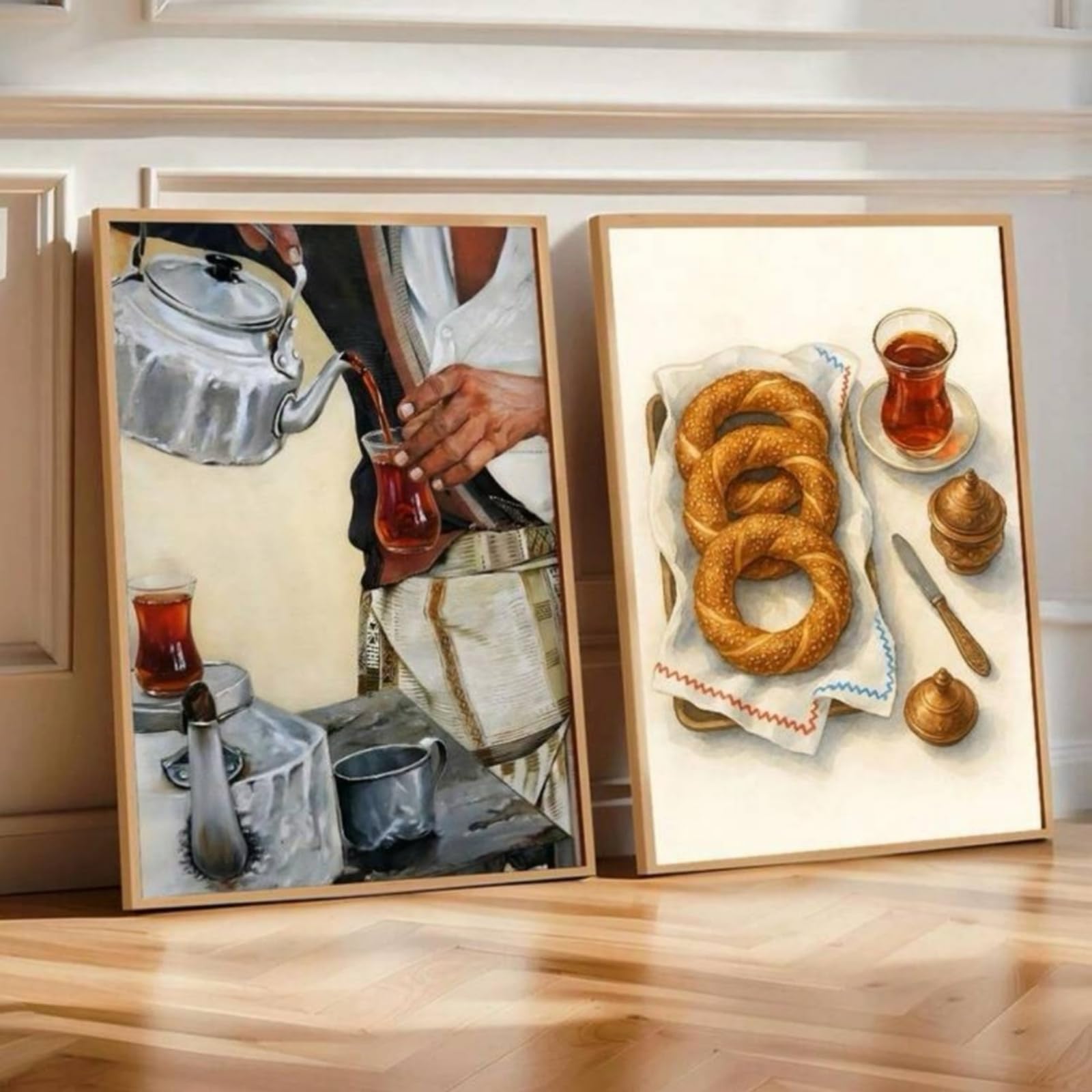 ZBELLO Set of 2 Vintage Posters, Turkish Tea & Simit Wall Art Prints, Warm Neutral Dining Room Diptych Wall Decor, for Breakfast Nook Farmhouse Home Decoration, Unframed (50x70cm)