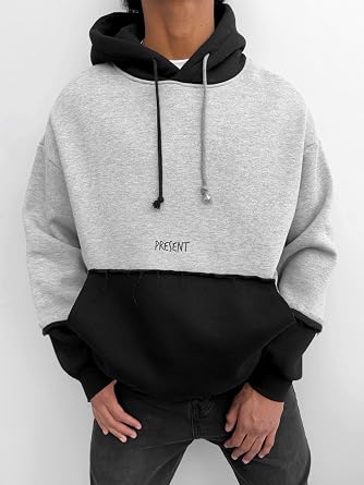 Erkek Oversize  ift Renkli Kap onlu Sweatshirt Gri