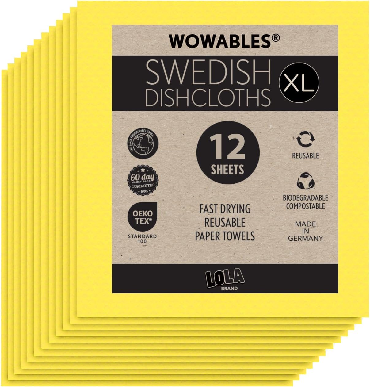LOLA Wowables XL Swedish Dishcloths, 12 Reusable Eco Cleaning Cloths, 11" x 10", Ultra Absorbent Cellulose Sponge Towel, Compostable, Made in Germany