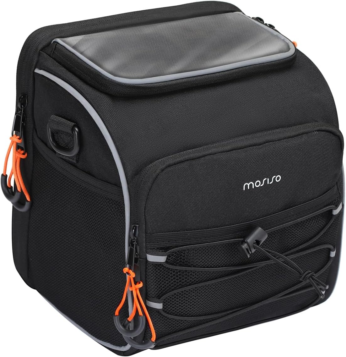 MOSISO Motorcycle Handlebar Bag with Clear Phone Pocket, Motorcycle Fork Sissy Bar Tool Bag with Rain Cover&Shoulder Strap for Motorbike Cruiser Softail Dyna Sportsters Dirt Bike Bicycle ATV, Black