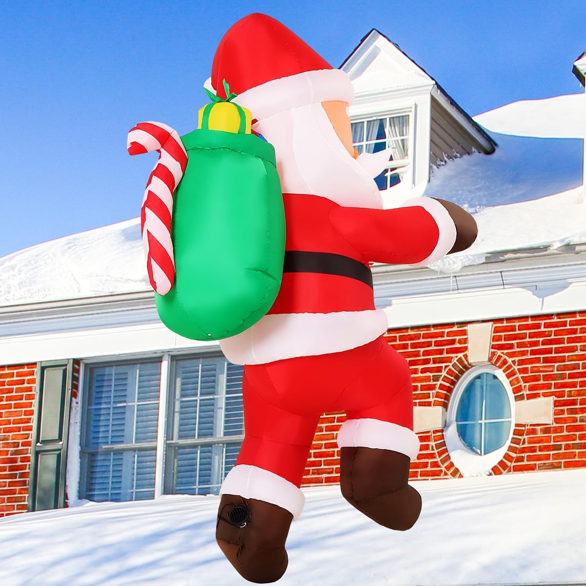 GOOSH 6.2 FT Christmas Inflatables Santa Claus Outdoor Decorations Blow Up Yard Hanging Santa Climbing to the Roof with Presents Bag with Built-in LEDs for Garden Lawn Indoor Party Decor