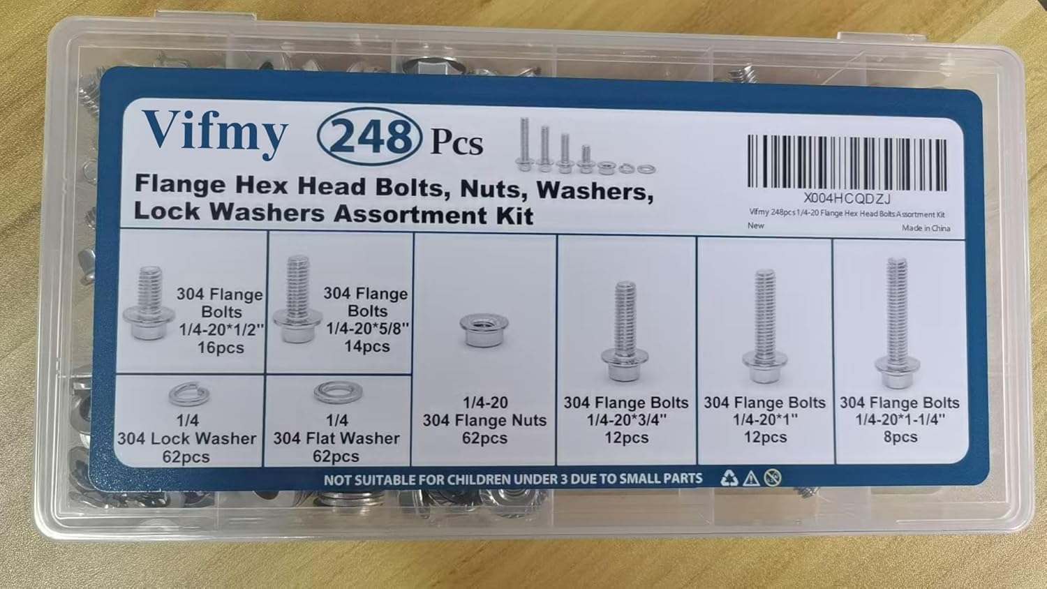 1/4-20 Bolt x (Length 3/4", 1", 1-1/4") 304 Stainless Steel Flange Head Bolts Assortment Kit (248 Pack) with 1/4 20 Bolt, Serrated Flange Nuts, Washers, Full Thread