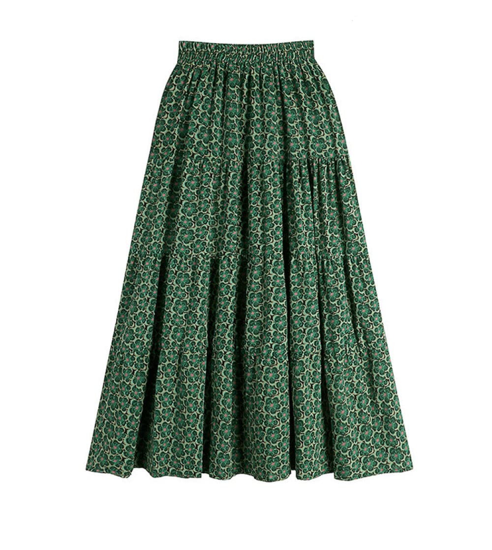 TatbUL Gonne da Donna,Gonna Midi Elastica A Vita Alta da Donna Verde Cucitura retrò Floreale Gonna A Pieghe con Fodera Boho Etnico A-Line Gonne Lunghe Svasate A Strati Increspati per Ragazze Signore