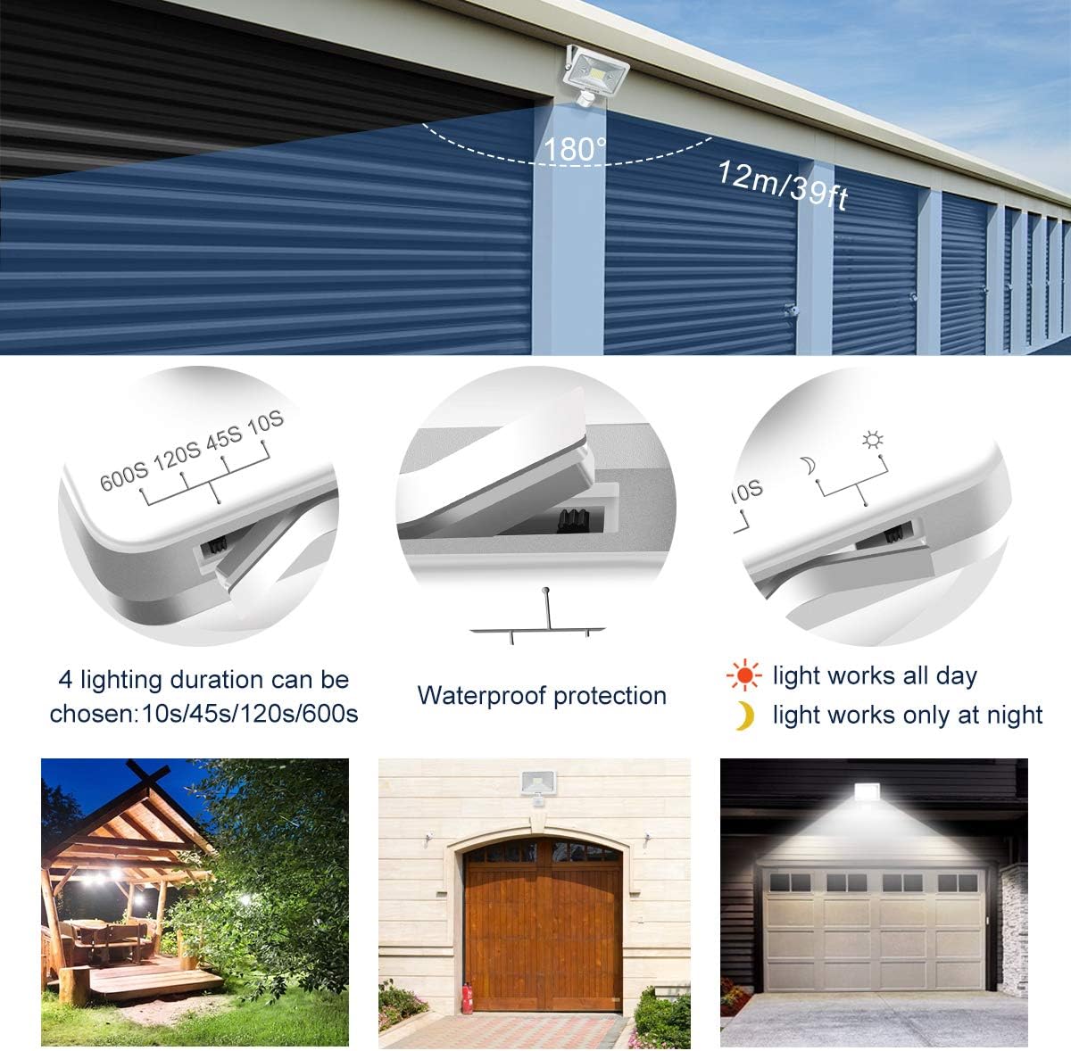 Close-up of the motion sensor with TIME and LUX adjustment dials
