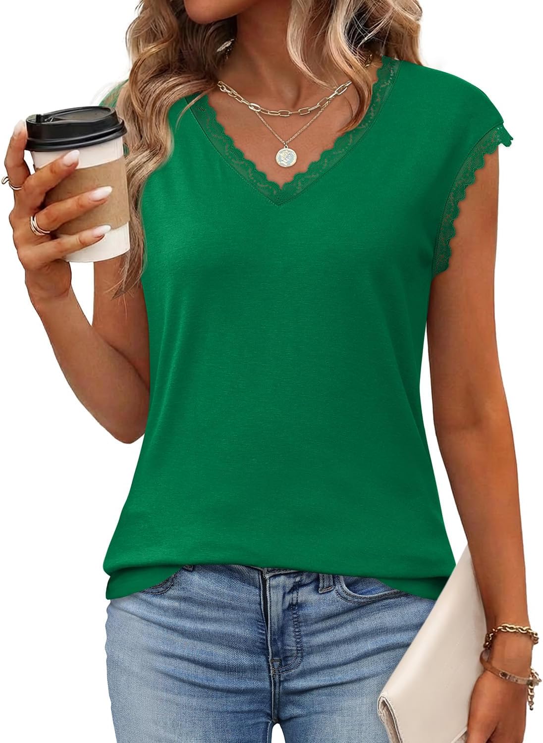 JUSTFASHIONNOW Lace Blouse Soft Cap Sleeve Tops for Women Summer V Neck Tank Tops Dressy Casual Shirts Trendy Clothes - Image 2