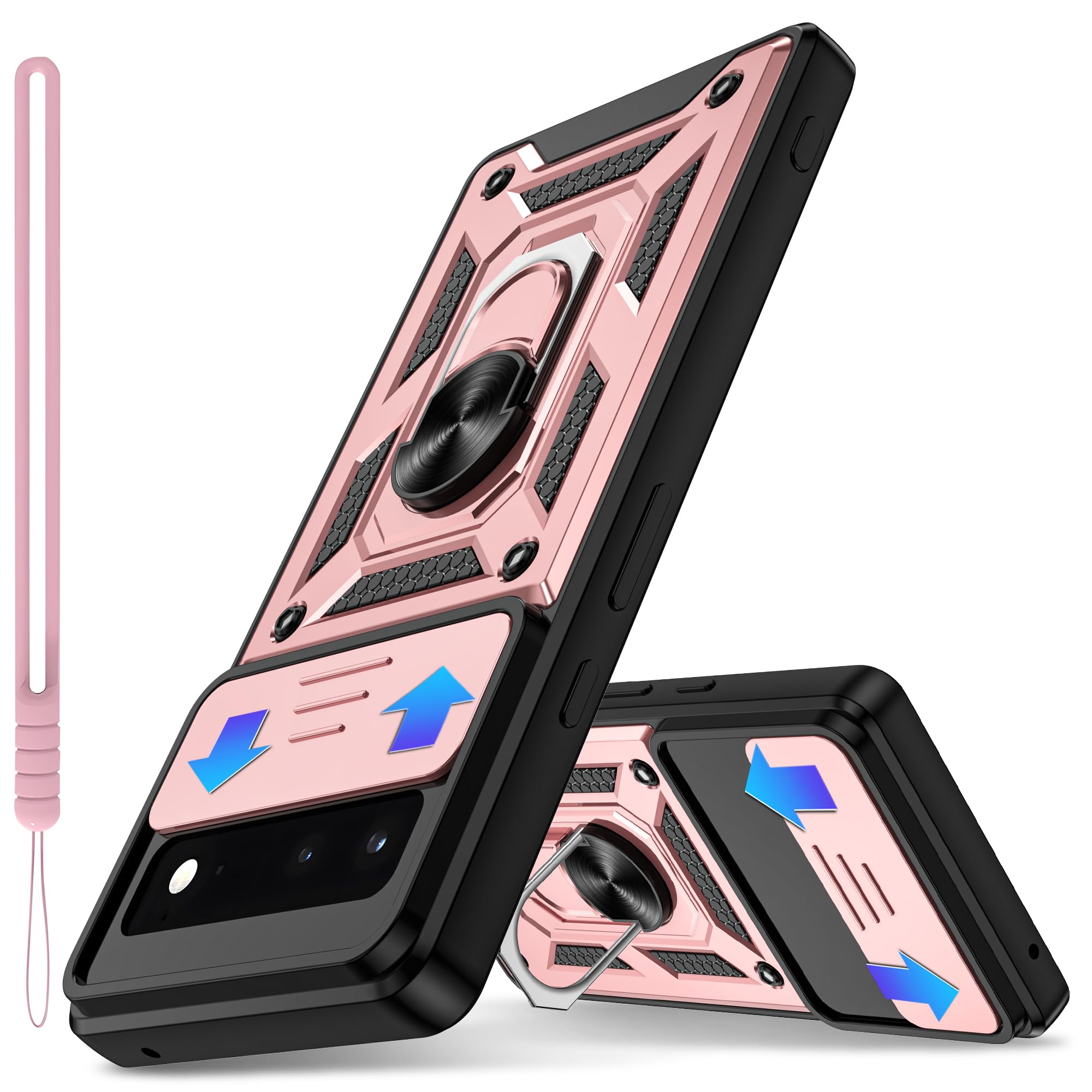 Zewan for Google Pixel 6 Case with Slide Camera Cover Protector+Lanyard Strap, 360 Full Body Military-Grade Phone Case with Kickstand for Pixel 6 Case,Rose Gold