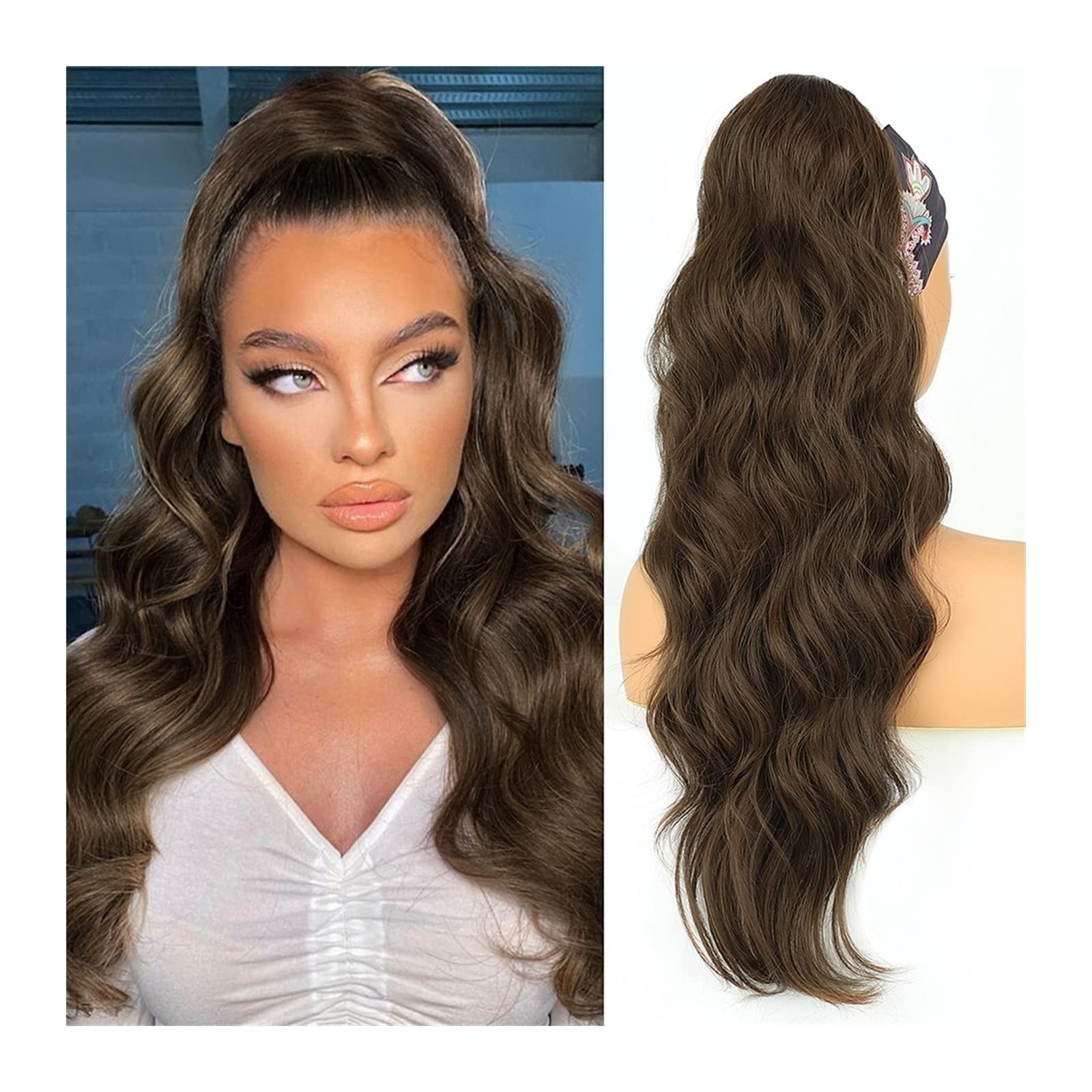 Extensión de la cola de caballo Cola de caballo con cordón ondulado de cuerpo largo sintético for mujer Extensión de cabello con cordón de onda esponjosa de 26 pulgadas Clip suave natural en postizo d