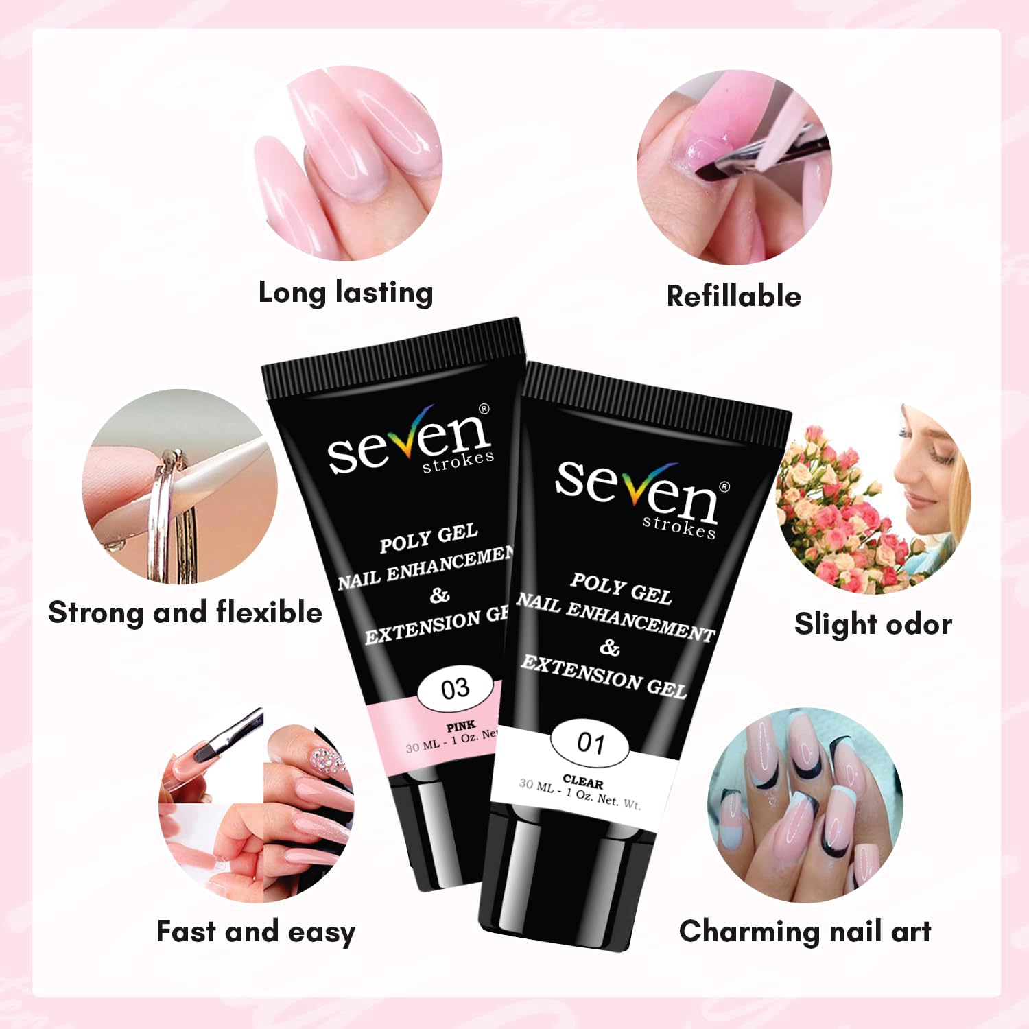 SEVEN STROKES Poly Nail Gel: 30ML Strong Builder for Nails, Color for Extension, Multifunctional Strengthener Hard Gels, Long-Lasting, Easy-to-go Manicure Supplies for DIY at Home Salon-VIP (PINK + NUDE) - Image 2 thumbnail