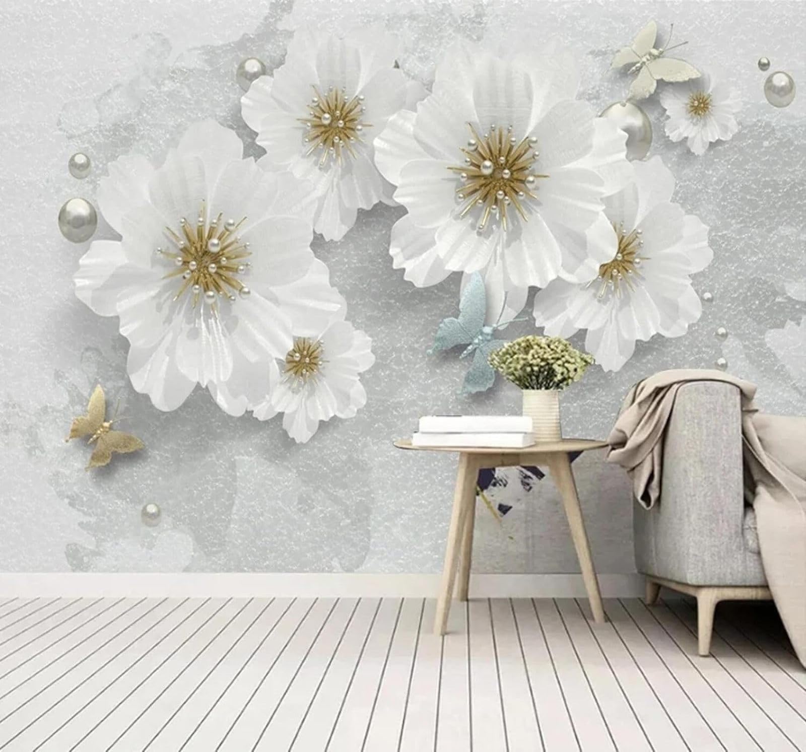 XLMING Vintage Exquisite White Floral Butterflies 3D Wallpaper Silky Texture Home Study Office Grey Dining Room Sofa Bedroom Living Room TV Backdrop-430cm×300cm