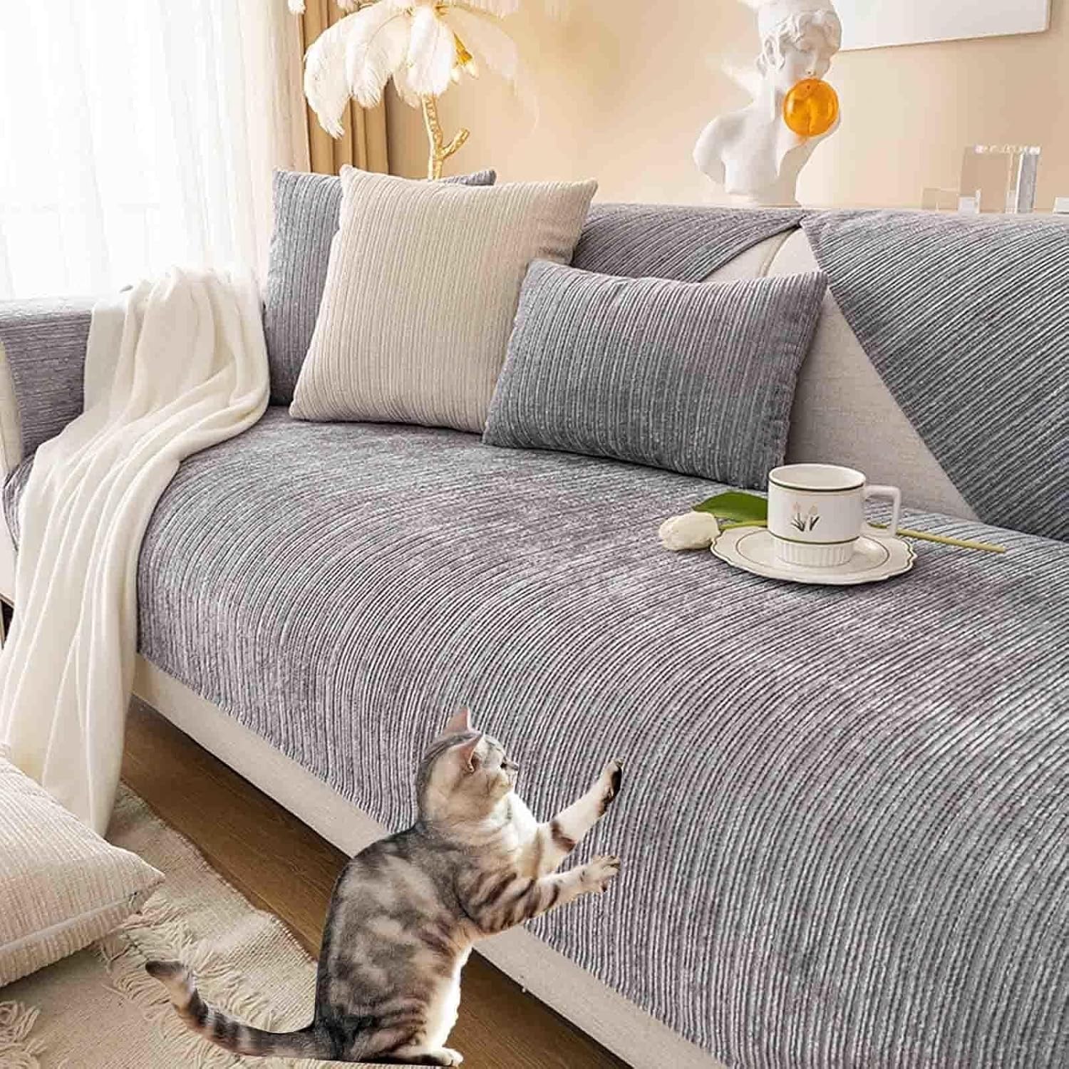 Konsilsa Velvet L-Shaped Sofa Slipcover,Thick Anti-Slip Reversible Sectional Couch Cover, 1/2/3/4 Seater - Corner Protector for Living Room(E,Pillowcase(30x50cm))