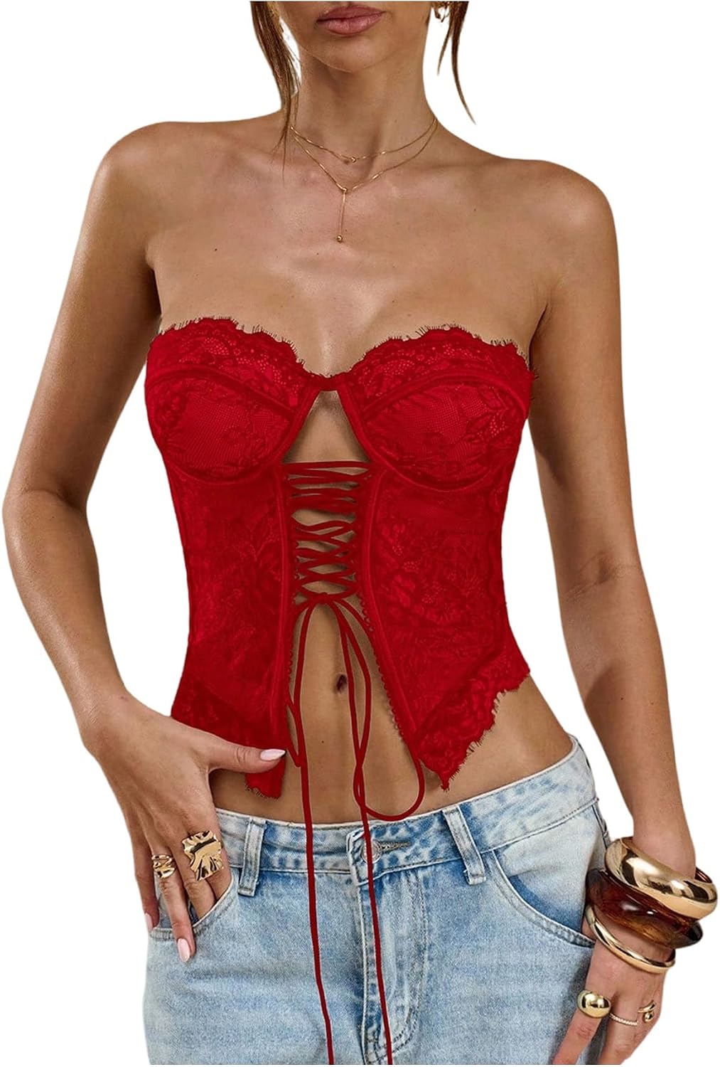 SHENHE Women's Sexy Lace Corset Bustier Top Lace Up Split Sexy Going Out Corset Y2k Crop Tube