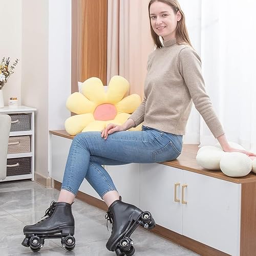 Vista 11 de Patines de ruedas para mujeres y hombres, de piel sintética, patines clásicos de doble fila, patines de cuatro ruedas para interiores y exteriores