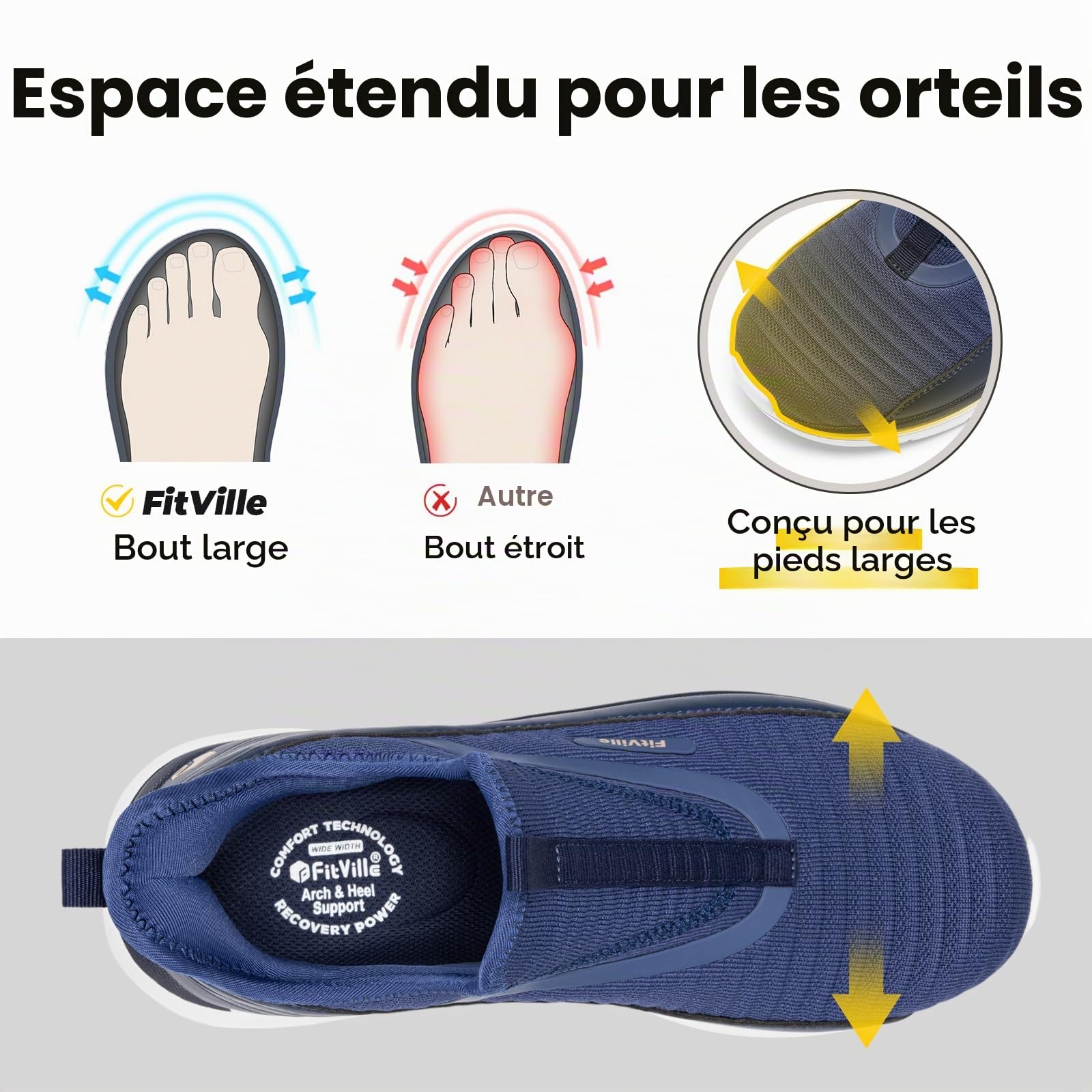 FitVille Chaussures de Marche Hommes Extra Larges Slip-on Baskets Mode Respirantes Chaussure de Sport sans Lacets